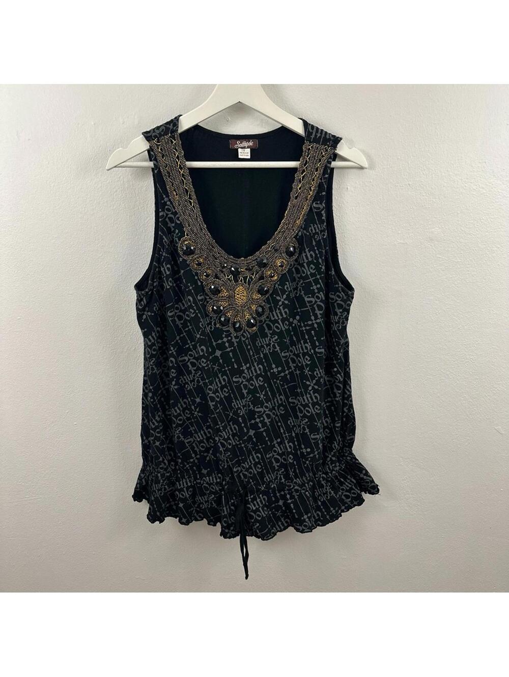 Southpole Black Print Beaded Tank Top Women's Size XL